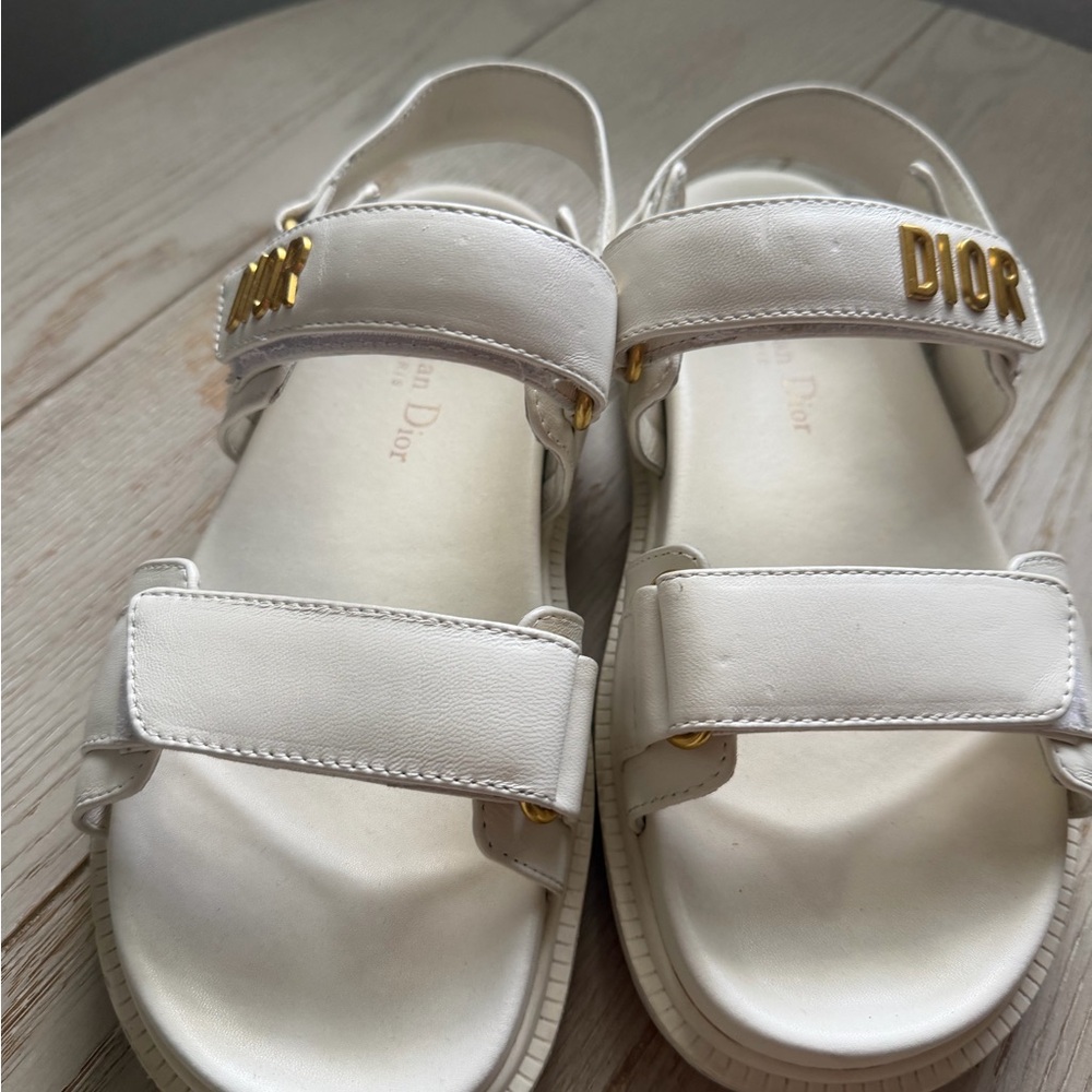 Dior White Leather Sandals with Gold Logo - Picture 2 of 10